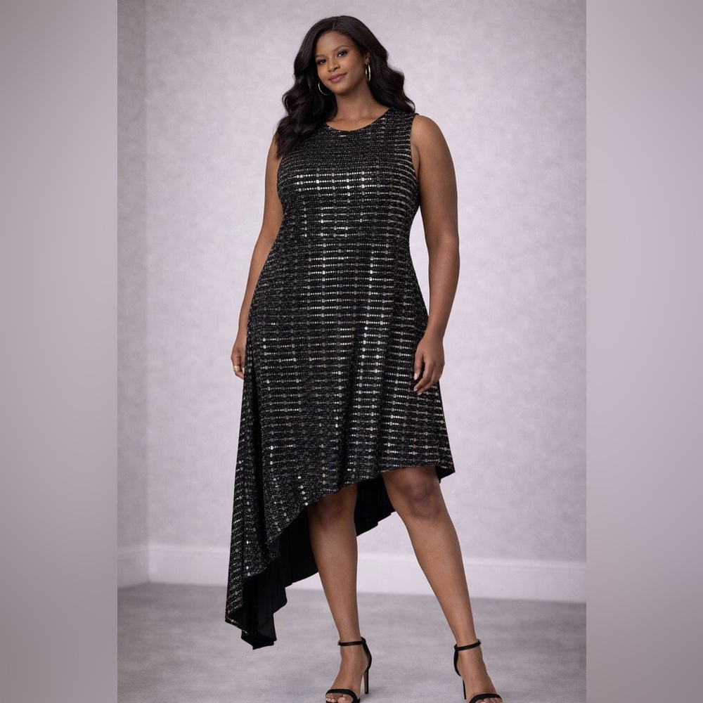 Anne Klein Black and Silver Asymmetrical Dress Size Large